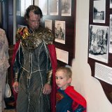 Costume fabricator Jon Robinson as Jor-El, Superman&#39;s father on the planet Krypton, with his son Kal-El in Superman attire.