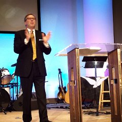 Rather than try to summarize his message in this limited space, I offer this. Click on the "i" in the upper right hand corner of this album's main page. There you will find audio links to Dr Laxson's six sermon series, "When the Saints Go Marching Out" on his home church web page, which I believe was the basis for tonight's message. I will share this easy to remember statistic. In his studies, Dr Laxson found that a large majority of people only engage the church three times in their lives... "when they're born.. when they get married.. and when they die."  or more succinctly, "Hatched, Matched, and Dispatched." ..I told you it was easy to remember! :-)  you know? just throw a little water on it, a little rice, and a little dirt...