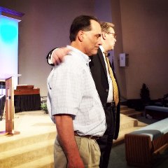 At the close of his message, he enlisted Richie Betsworth to demonstrate connecting with someone by offering a hand and transitioning beyond "Fellowship to Hospitality."